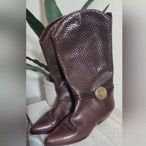 Larry Stuart Collection Womens Block Heel Woven Trim Boots Brown 9M Vintage